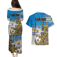 Personalised Cook Islands Va'a Race Couples Matching Puletasi and Hawaiian Shirt Te Tatau Tattoos Sporty Style Glory Blue Color - Polynesian Pride
