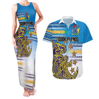 Personalised Cook Islands Va'a Race Couples Matching Tank Maxi Dress and Hawaiian Shirt Te Tatau Tattoos Sporty Style Glory Blue Color - Polynesian Pride