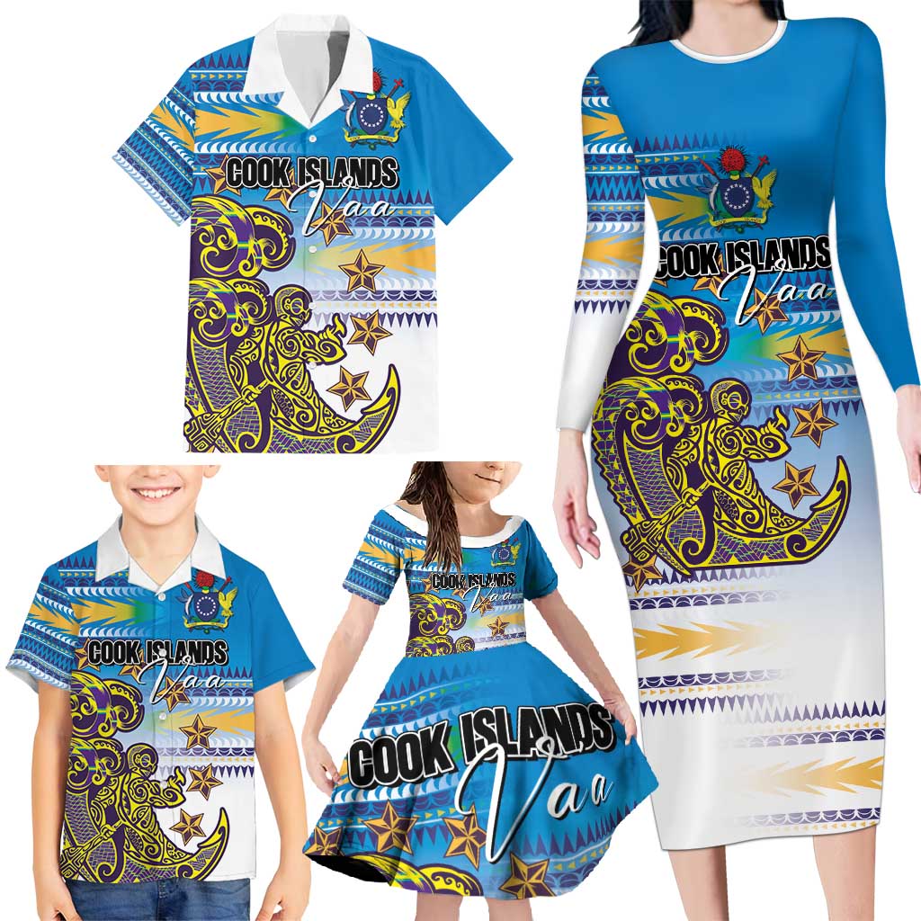 Personalised Cook Islands Va'a Race Family Matching Long Sleeve Bodycon Dress and Hawaiian Shirt Te Tatau Tattoos Sporty Style Glory Blue Color - Polynesian Pride