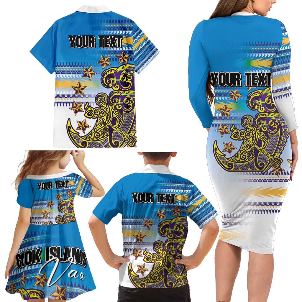 Personalised Cook Islands Va'a Race Family Matching Long Sleeve Bodycon Dress and Hawaiian Shirt Te Tatau Tattoos Sporty Style Glory Blue Color - Polynesian Pride