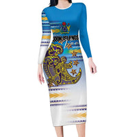 Personalised Cook Islands Va'a Race Family Matching Long Sleeve Bodycon Dress and Hawaiian Shirt Te Tatau Tattoos Sporty Style Glory Blue Color - Polynesian Pride