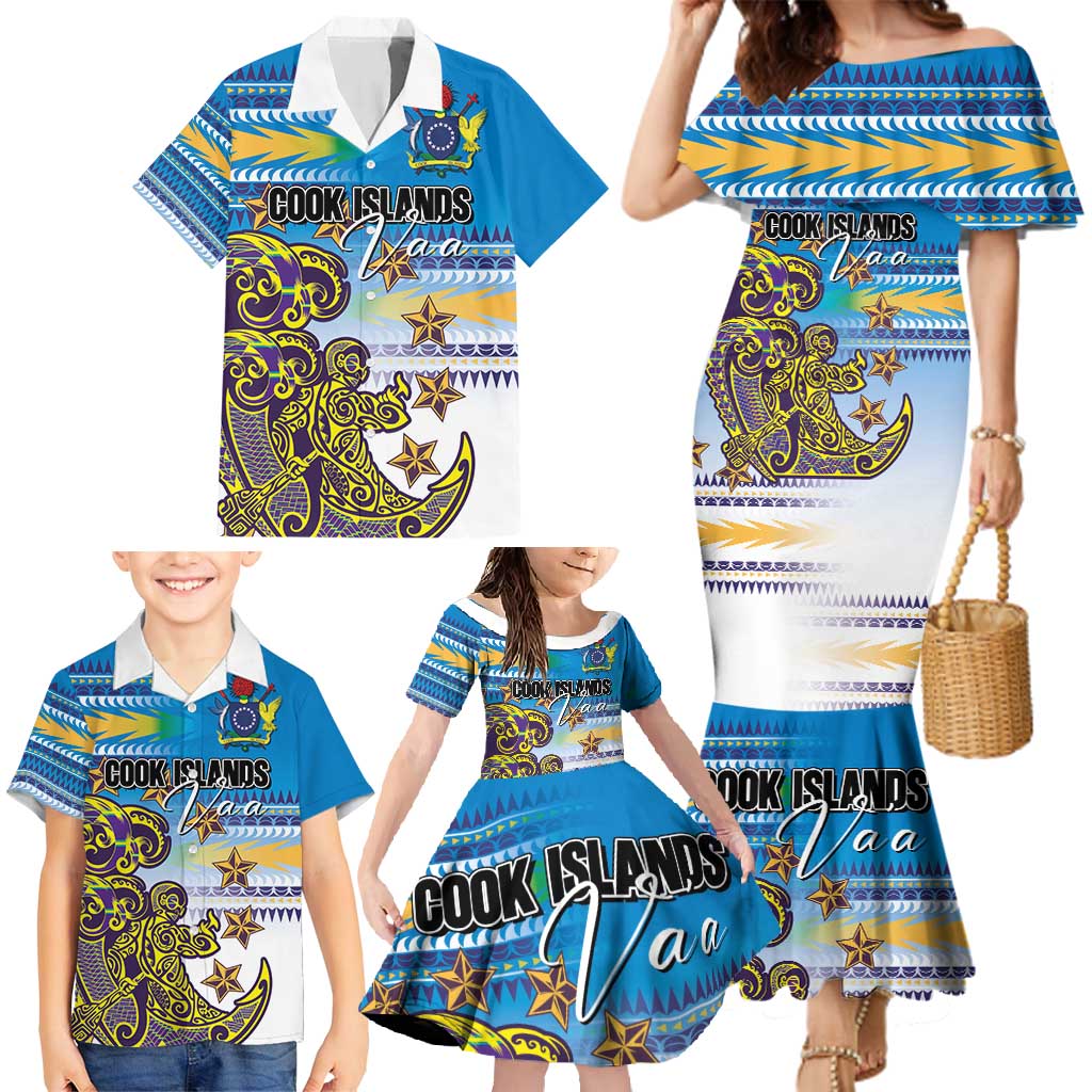 Personalised Cook Islands Va'a Race Family Matching Mermaid Dress and Hawaiian Shirt Te Tatau Tattoos Sporty Style Glory Blue Color - Polynesian Pride