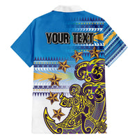 Personalised Cook Islands Va'a Race Family Matching Off The Shoulder Long Sleeve Dress and Hawaiian Shirt Te Tatau Tattoos Sporty Style Glory Blue Color - Polynesian Pride