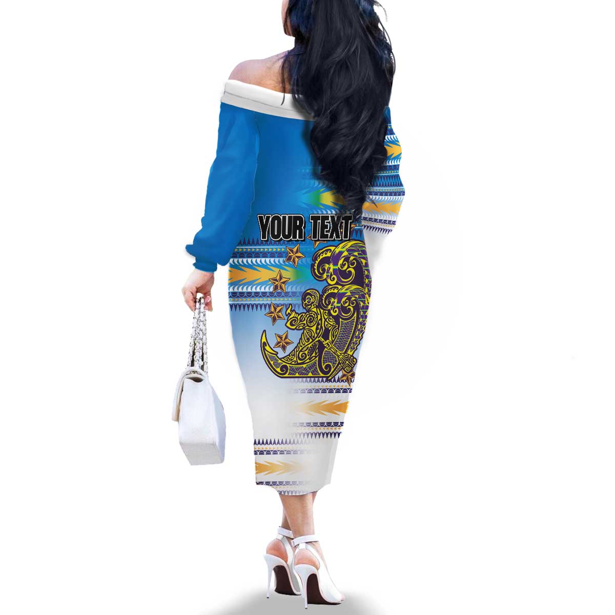 Personalised Cook Islands Va'a Race Family Matching Off The Shoulder Long Sleeve Dress and Hawaiian Shirt Te Tatau Tattoos Sporty Style Glory Blue Color - Polynesian Pride