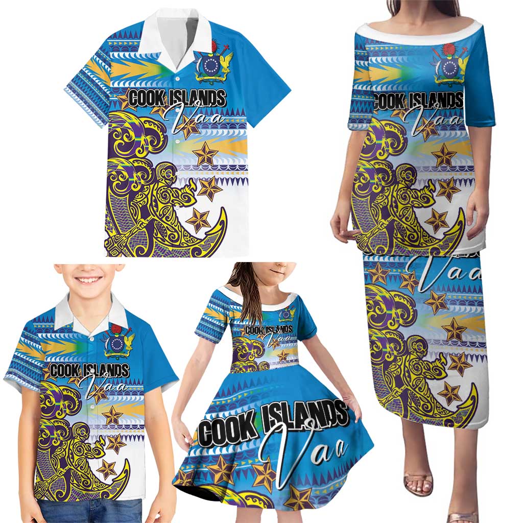 Personalised Cook Islands Va'a Race Family Matching Puletasi and Hawaiian Shirt Te Tatau Tattoos Sporty Style Glory Blue Color - Polynesian Pride
