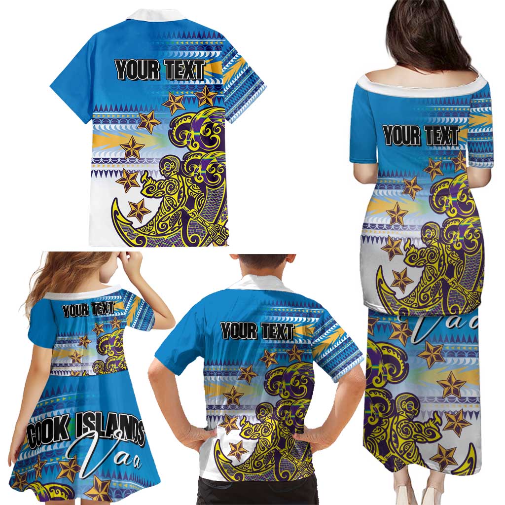 Personalised Cook Islands Va'a Race Family Matching Puletasi and Hawaiian Shirt Te Tatau Tattoos Sporty Style Glory Blue Color - Polynesian Pride