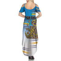 Personalised Cook Islands Va'a Race Family Matching Summer Maxi Dress and Hawaiian Shirt Te Tatau Tattoos Sporty Style Glory Blue Color - Polynesian Pride