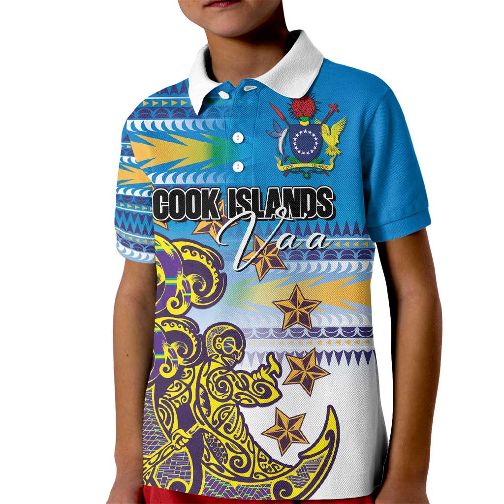 Personalised Cook Islands Va'a Race Kid Polo Shirt Te Tatau Tattoos Sporty Style Glory Blue Color - Polynesian Pride