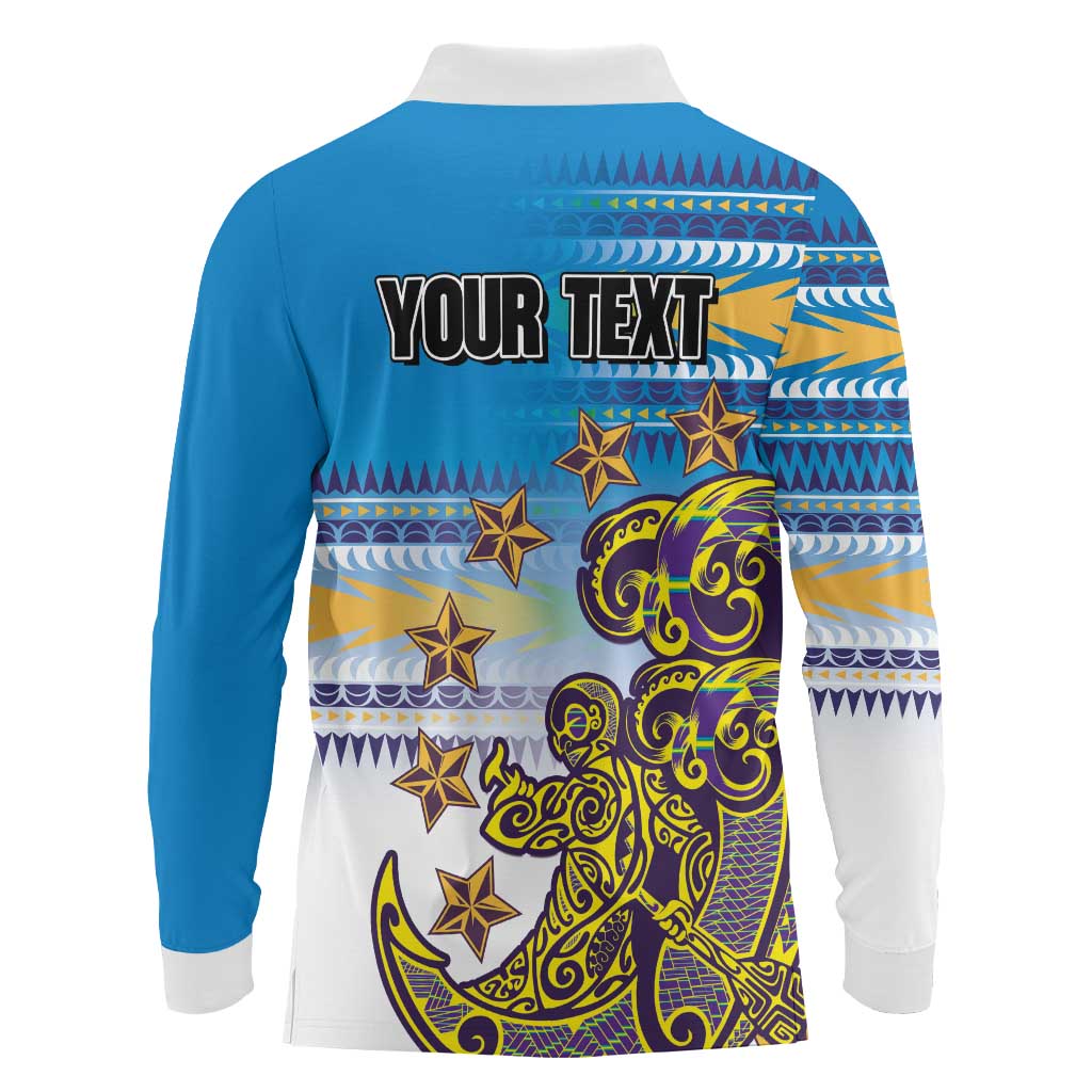 Personalised Cook Islands Va'a Race Long Sleeve Polo Shirt Te Tatau Tattoos Sporty Style Glory Blue Color - Polynesian Pride