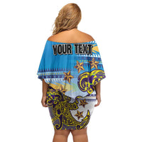 Personalised Cook Islands Va'a Race Off Shoulder Short Dress Te Tatau Tattoos Sporty Style Glory Blue Color - Polynesian Pride