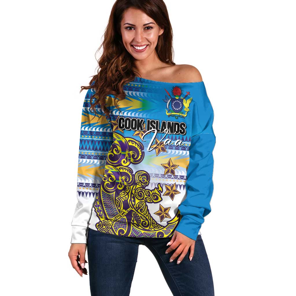 Personalised Cook Islands Va'a Race Off Shoulder Sweater Te Tatau Tattoos Sporty Style Glory Blue Color - Polynesian Pride