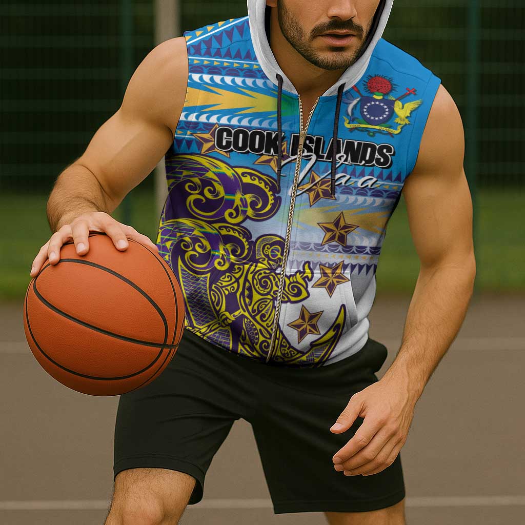 Personalised Cook Islands Va'a Race Sleeveless Zip Hoodie Te Tatau Tattoos Sporty Style Glory Blue Color - Polynesian Pride