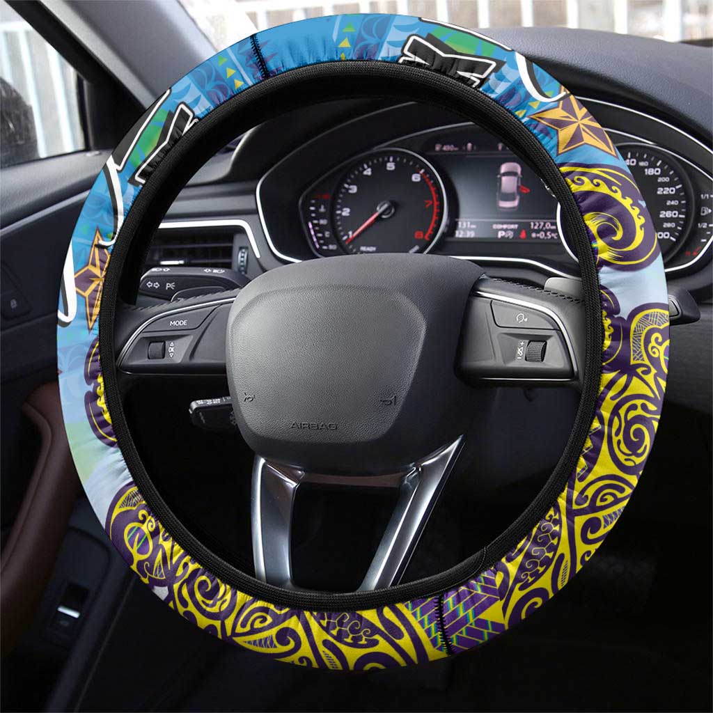 Cook Islands Va'a Race Steering Wheel Cover Te Tatau Tattoos Sporty Style Glory Blue Color - Polynesian Pride