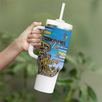 Personalised Cook Islands Va'a Race Tumbler With Handle Te Tatau Tattoos Sporty Style Glory Blue Color - Polynesian Pride