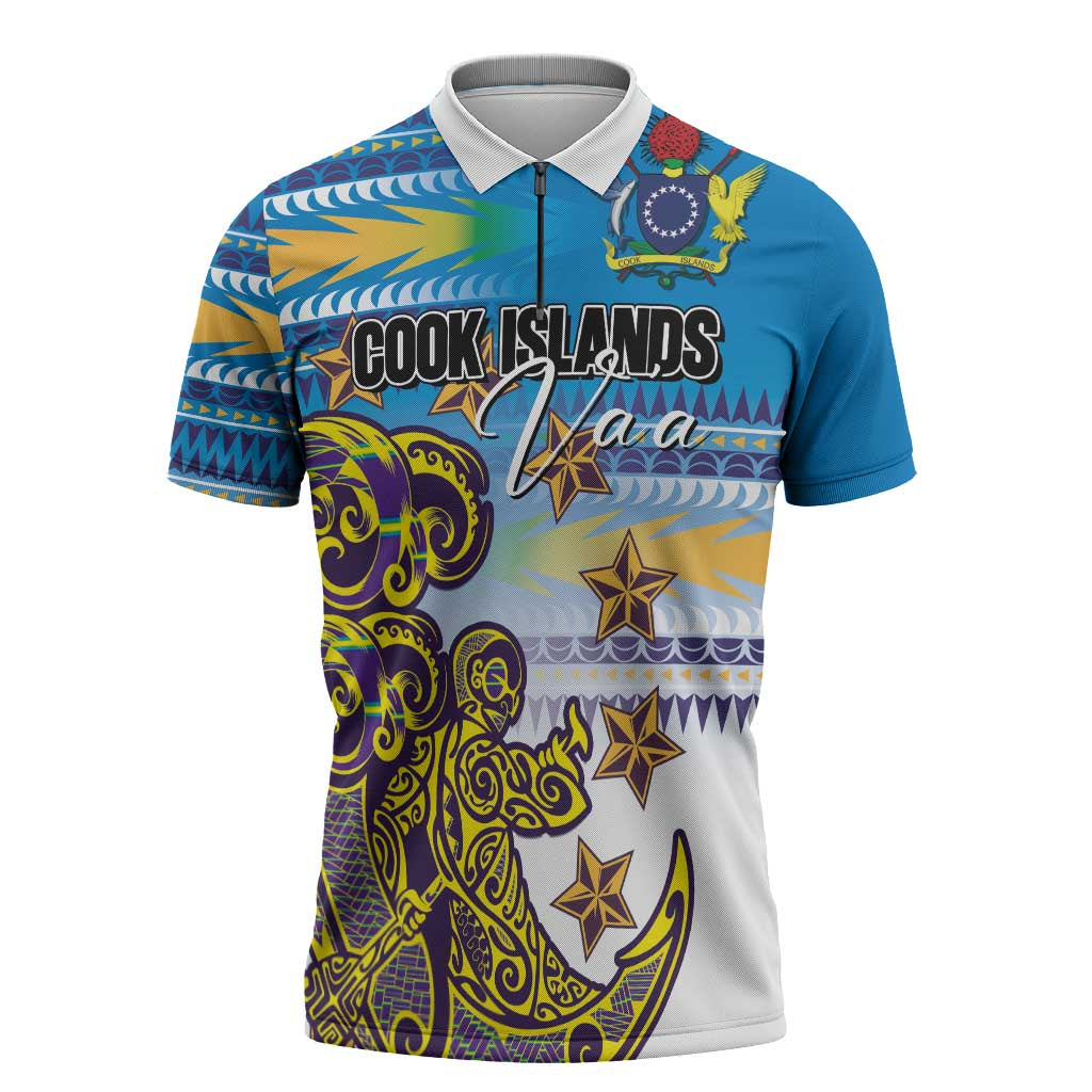 Personalised Cook Islands Va'a Race Zipper Polo Shirt Te Tatau Tattoos Sporty Style Glory Blue Color - Polynesian Pride