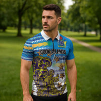 Personalised Cook Islands Va'a Race Zipper Polo Shirt Te Tatau Tattoos Sporty Style Glory Blue Color - Polynesian Pride