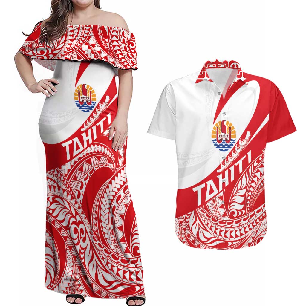 Personalised Tahiti Va'a Race Couples Matching Off Shoulder Maxi Dress and Hawaiian Shirt Polynesian Tattoos Sporty Style LT03 Red - Polynesian Pride