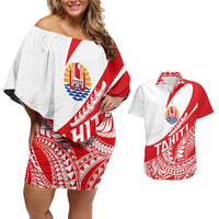 Personalised Tahiti Va'a Race Couples Matching Off Shoulder Short Dress and Hawaiian Shirt Polynesian Tattoos Sporty Style LT03 Red - Polynesian Pride
