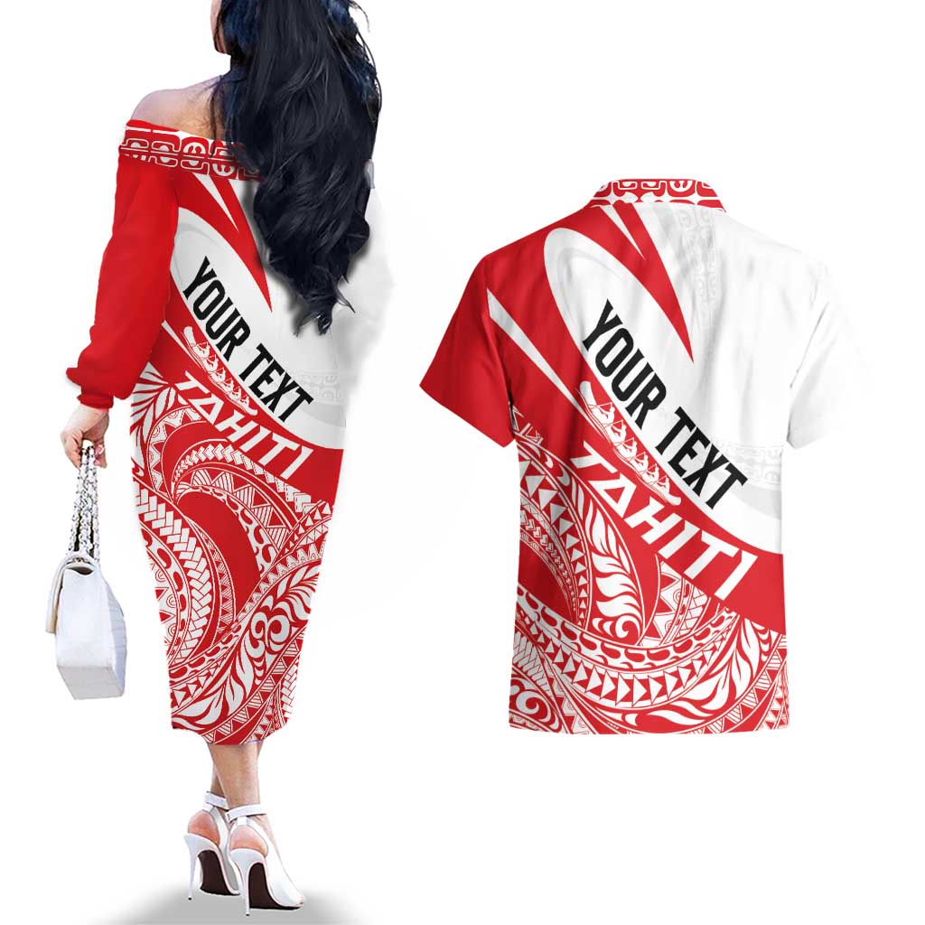 Personalised Tahiti Va'a Race Couples Matching Off The Shoulder Long Sleeve Dress and Hawaiian Shirt Polynesian Tattoos Sporty Style - Polynesian Pride