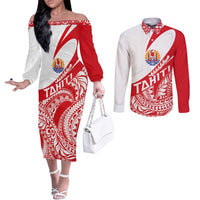 Personalised Tahiti Va'a Race Couples Matching Off The Shoulder Long Sleeve Dress and Long Sleeve Button Shirt Polynesian Tattoos Sporty Style LT03 Red - Polynesian Pride
