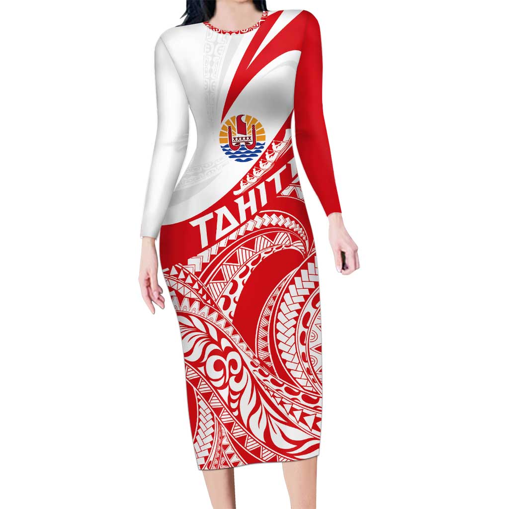 Personalised Tahiti Va'a Race Family Matching Long Sleeve Bodycon Dress and Hawaiian Shirt Polynesian Tattoos Sporty Style LT03 Mom's Dress Red - Polynesian Pride