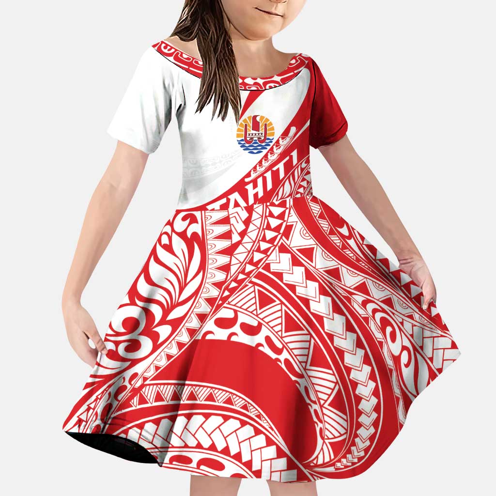 Personalised Tahiti Va'a Race Family Matching Puletasi and Hawaiian Shirt Polynesian Tattoos Sporty Style LT03 Daughter's Dress Red - Polynesian Pride