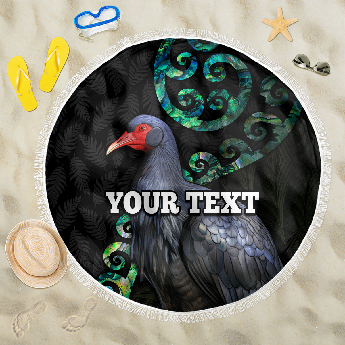Custom Pukeko New Zealand Beach Blanket Koru Papua Shell with Silver Fern Pattern LT03 One Size 150cm Black - Polynesian Pride