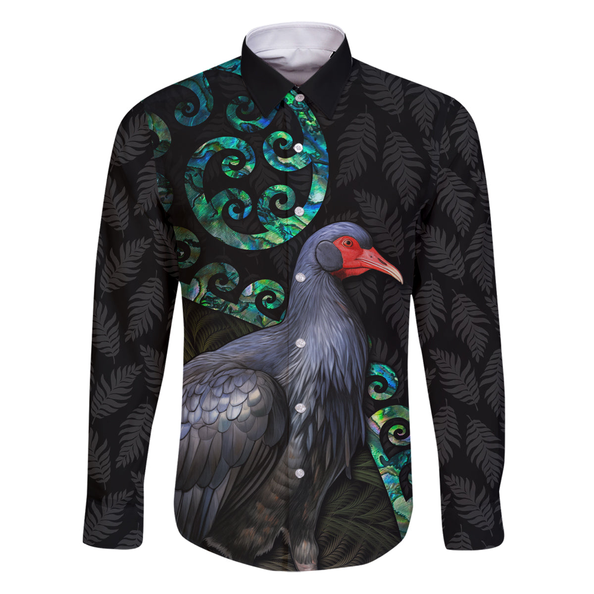 Custom Pukeko New Zealand Family Matching Puletasi Dress and Hawaiian Shirt Koru Papua Shell with Silver Fern Pattern LT03 Dad's Shirt - Long Sleeve Black - Polynesian Pride