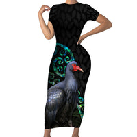 Custom Pukeko New Zealand Family Matching Short Sleeve Bodycon Dress and Hawaiian Shirt Koru Papua Shell with Silver Fern Pattern LT03 Mom's Dress Black - Polynesian Pride