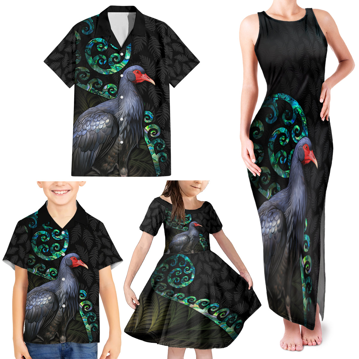 Custom Pukeko New Zealand Family Matching Tank Maxi Dress and Hawaiian Shirt Koru Papua Shell with Silver Fern Pattern LT03 - Polynesian Pride