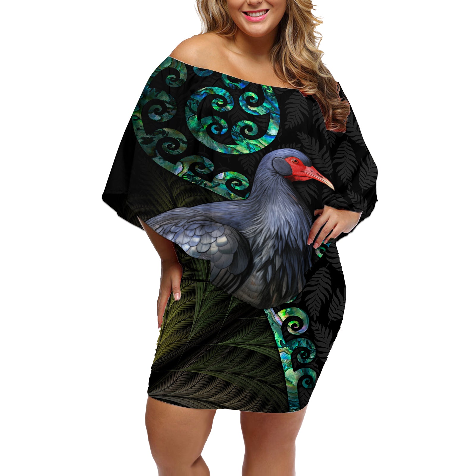 Custom Pukeko New Zealand Off Shoulder Short Dress Koru Papua Shell with Silver Fern Pattern LT03 Women Black - Polynesian Pride