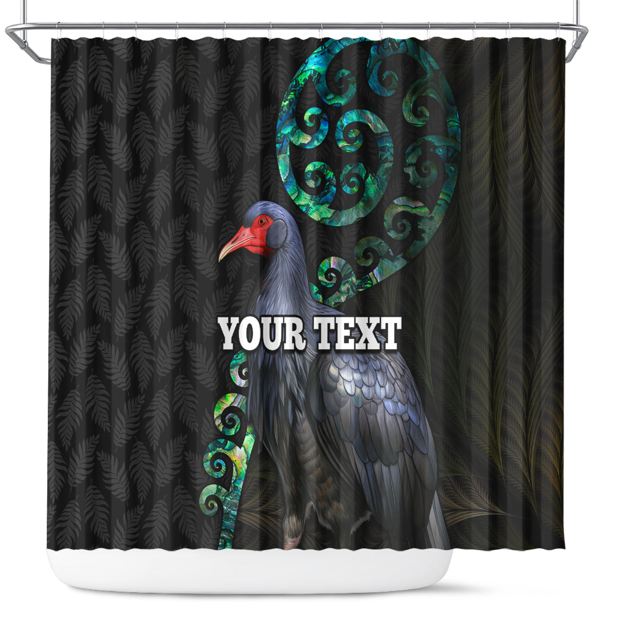 Custom Pukeko New Zealand Shower Curtain Koru Papua Shell with Silver Fern Pattern LT03 Black - Polynesian Pride