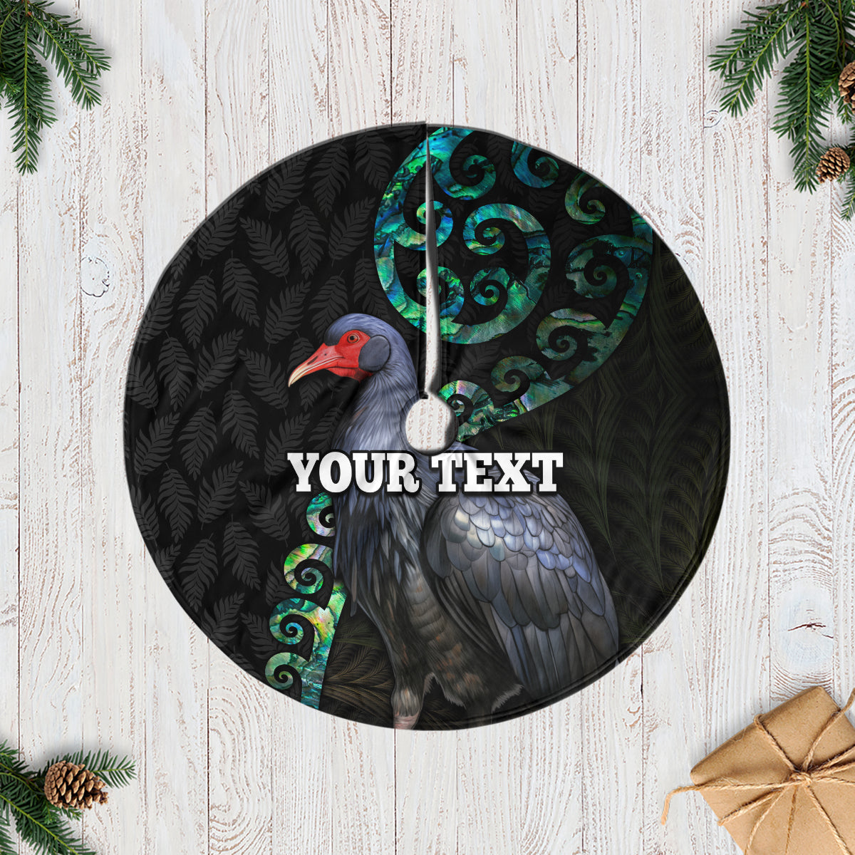 Custom Pukeko New Zealand Tree Skirt Koru Papua Shell with Silver Fern Pattern LT03 Black - Polynesian Pride