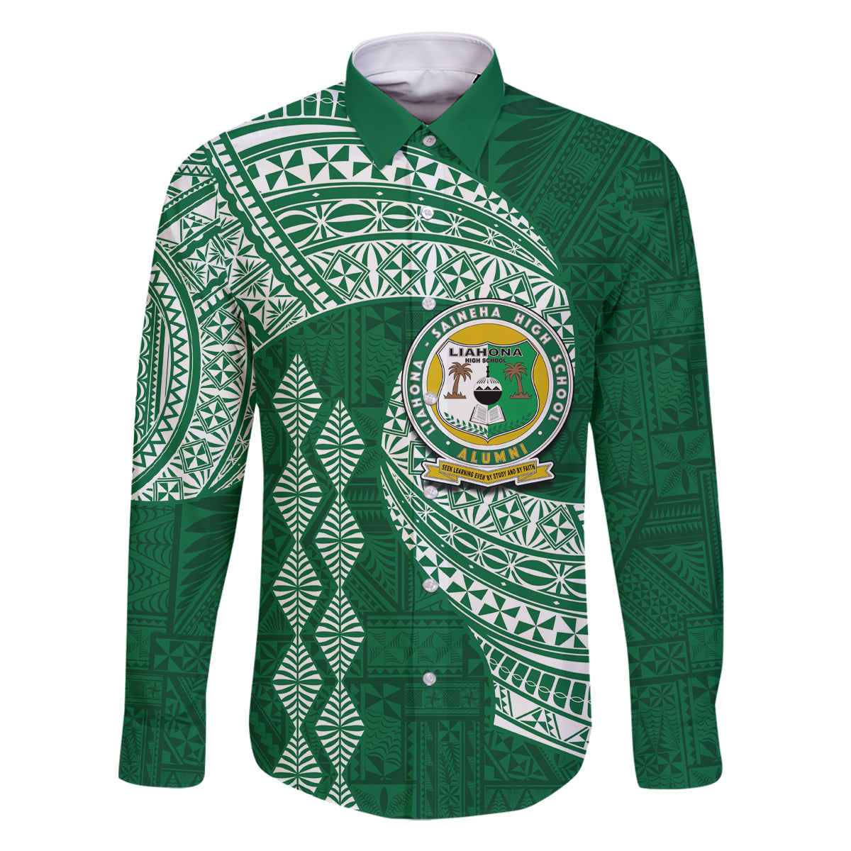 Tonga Lahaina High School Family Matching Off Shoulder Long Sleeve Dress and Hawaiian Shirt Traditional Ngatu and Polynesian Pattern LT03 Dad's Shirt - Long Sleeve Green - Polynesian Pride