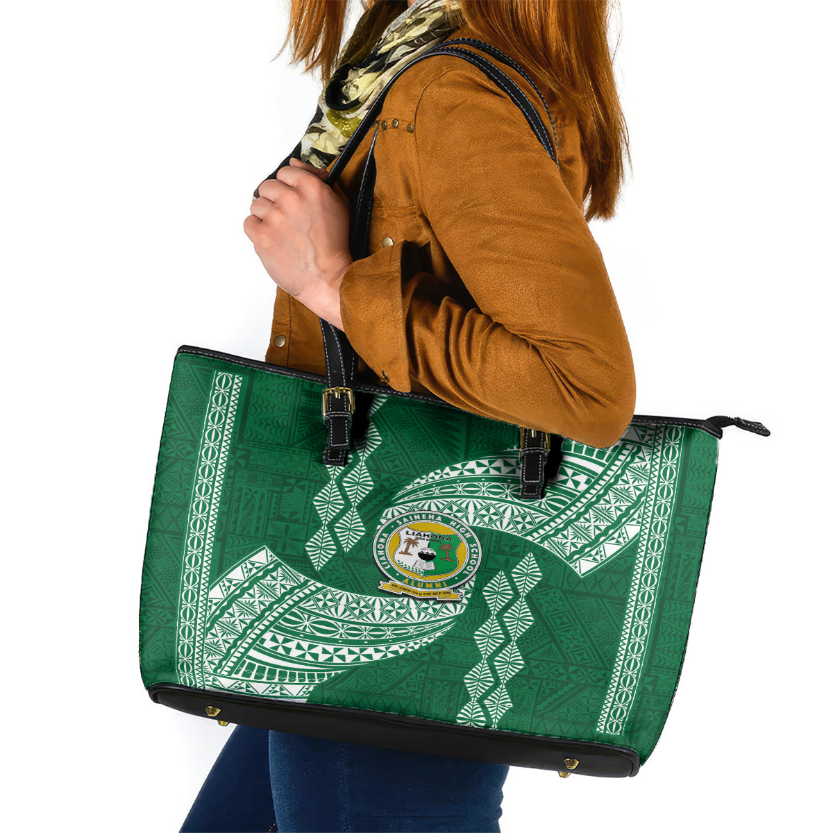 Tonga Lahaina High School Leather Tote Bag Traditional Ngatu and Polynesian Pattern LT03 Green - Polynesian Pride