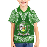 Tonga Liahona High School Family Matching Off Shoulder Long Sleeve Dress and Hawaiian Shirt Traditional Ngatu and Polynesian Pattern LT03 Son's Shirt Green - Polynesian Pride