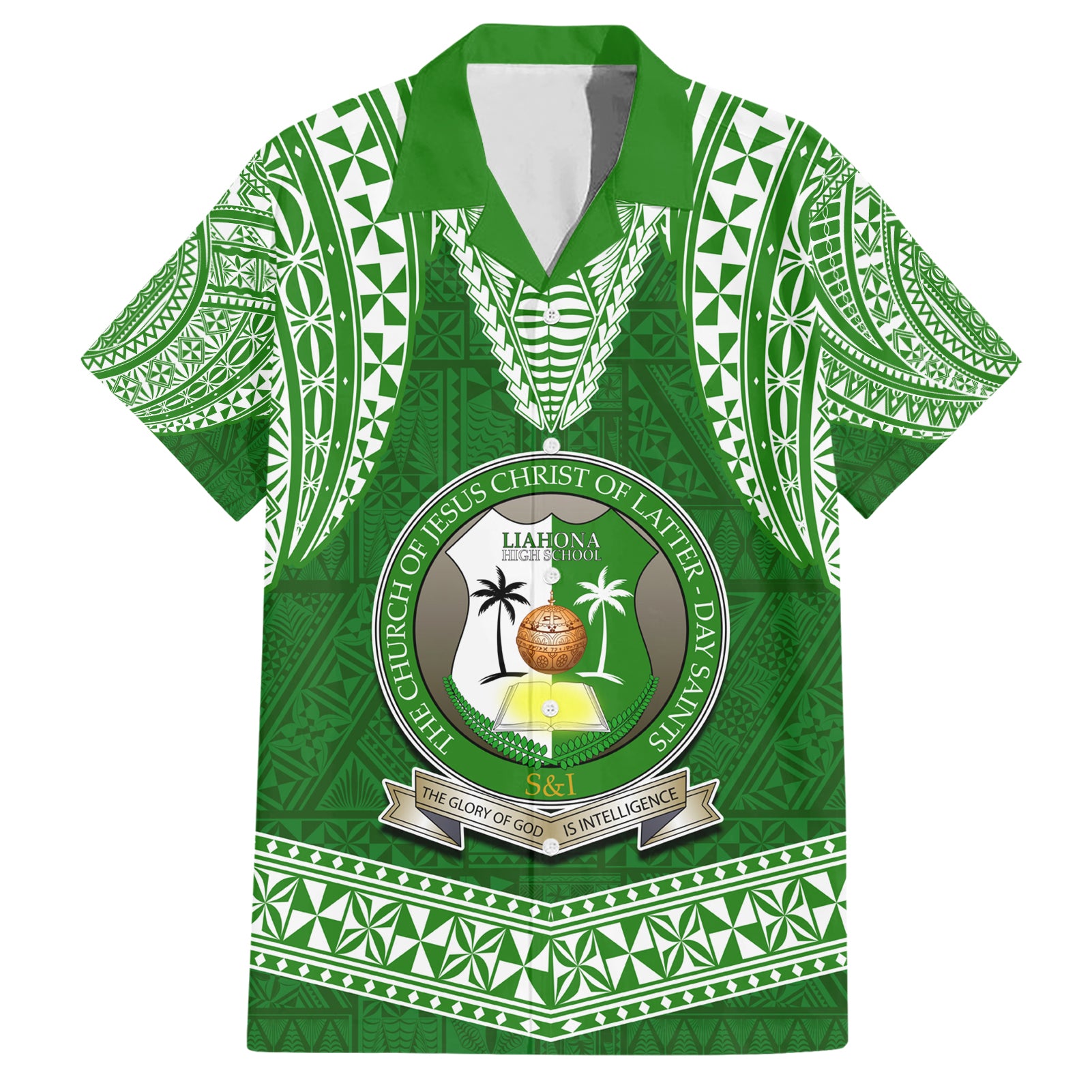 Tonga Liahona High School Hawaiian Shirt Traditional Ngatu and Polynesian Pattern LT03 Green - Polynesian Pride