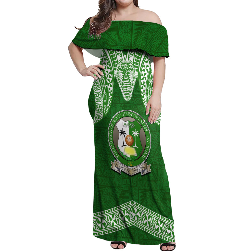 Tonga Liahona High School Off Shoulder Maxi Dress Traditional Ngatu and Polynesian Pattern LT03 Women Green - Polynesian Pride