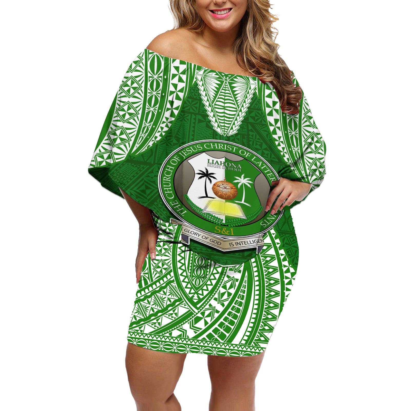 Tonga Liahona High School Off Shoulder Short Dress Traditional Ngatu and Polynesian Pattern LT03 Women Green - Polynesian Pride