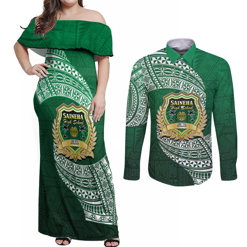 Tonga Saineha High School Couples Matching Off Shoulder Maxi Dress and Long Sleeve Button Shirt Traditional Ngatu and Polynesian Pattern LT03 Green - Polynesian Pride