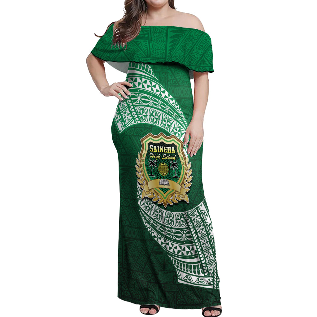 Tonga Saineha High School Off Shoulder Maxi Dress Traditional Ngatu and Polynesian Pattern LT03 Women Green - Polynesian Pride