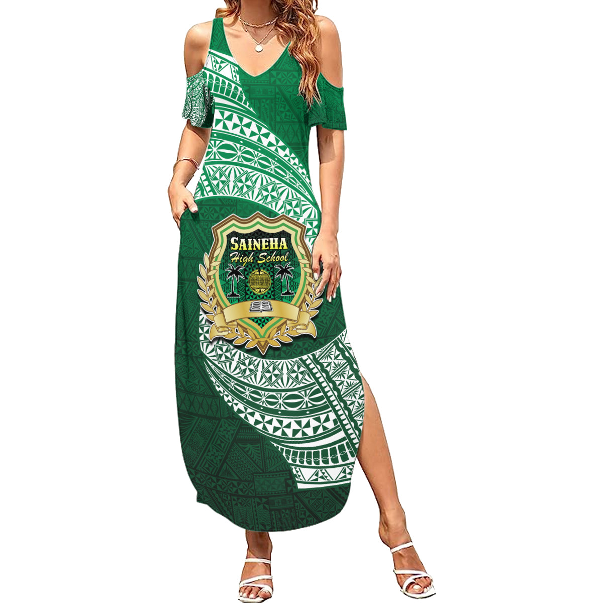 Tonga Saineha High School Summer Maxi Dress Traditional Ngatu and Polynesian Pattern LT03 Women Green - Polynesian Pride