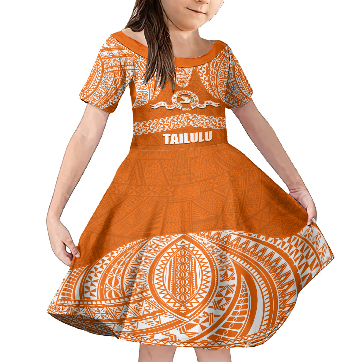 Tonga Tailulu College Family Matching Summer Maxi Dress and Hawaiian Shirt Traditional Ngatu and Polynesian Pattern LT03 Daughter's Dress Orange - Polynesian Pride