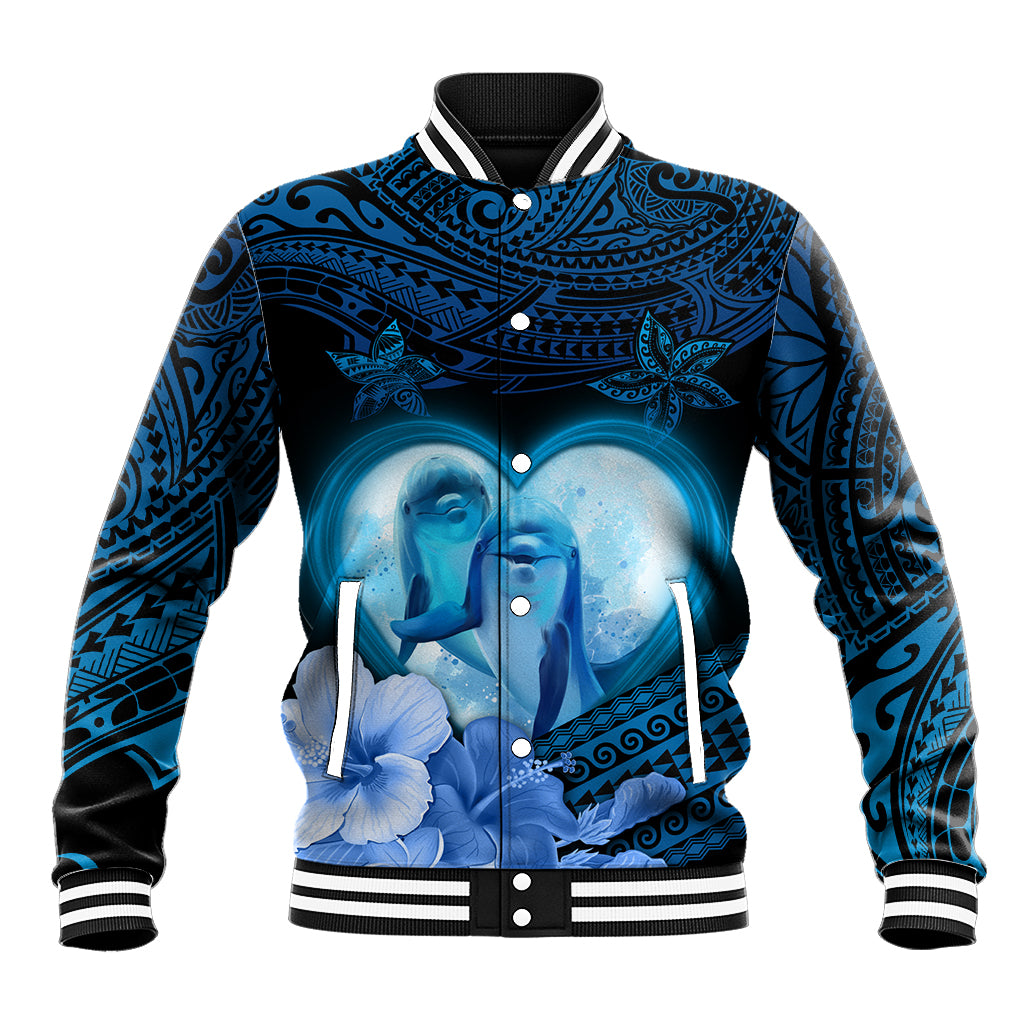 Dolphin Couple Love Story Valentine Day Baseball Jacket With Polynesian Tribal Tattoo Blue Style LT03 Unisex Blue - Polynesian Pride