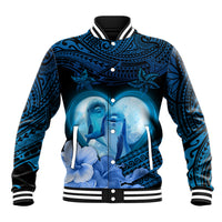 Dolphin Couple Love Story Valentine Day Baseball Jacket With Polynesian Tribal Tattoo Blue Style LT03 Unisex Blue - Polynesian Pride