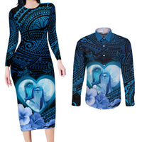 Dolphin Couple Love Story Valentine Day Couples Matching Long Sleeve Bodycon Dress and Long Sleeve Button Shirt With Polynesian Tribal Tattoo Blue Style LT03 Blue - Polynesian Pride