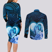 Dolphin Couple Love Story Valentine Day Couples Matching Long Sleeve Bodycon Dress and Long Sleeve Button Shirt With Polynesian Tribal Tattoo Blue Style LT03 - Polynesian Pride
