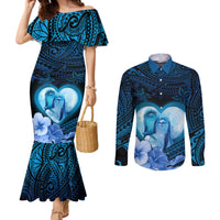 Dolphin Couple Love Story Valentine Day Couples Matching Mermaid Dress and Long Sleeve Button Shirt With Polynesian Tribal Tattoo Blue Style LT03 Blue - Polynesian Pride