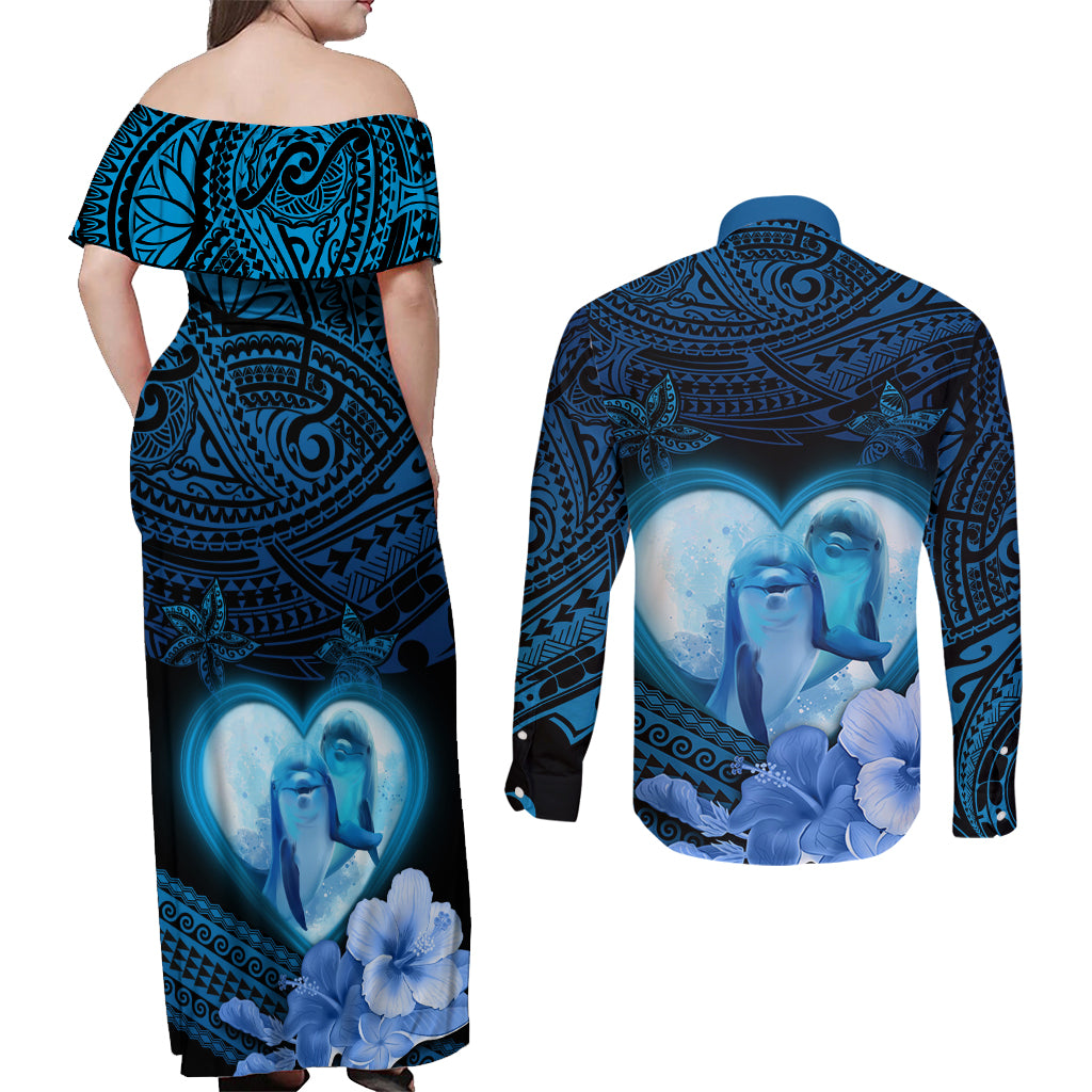 Dolphin Couple Love Story Valentine Day Couples Matching Off Shoulder Maxi Dress and Long Sleeve Button Shirt With Polynesian Tribal Tattoo Blue Style LT03 - Polynesian Pride