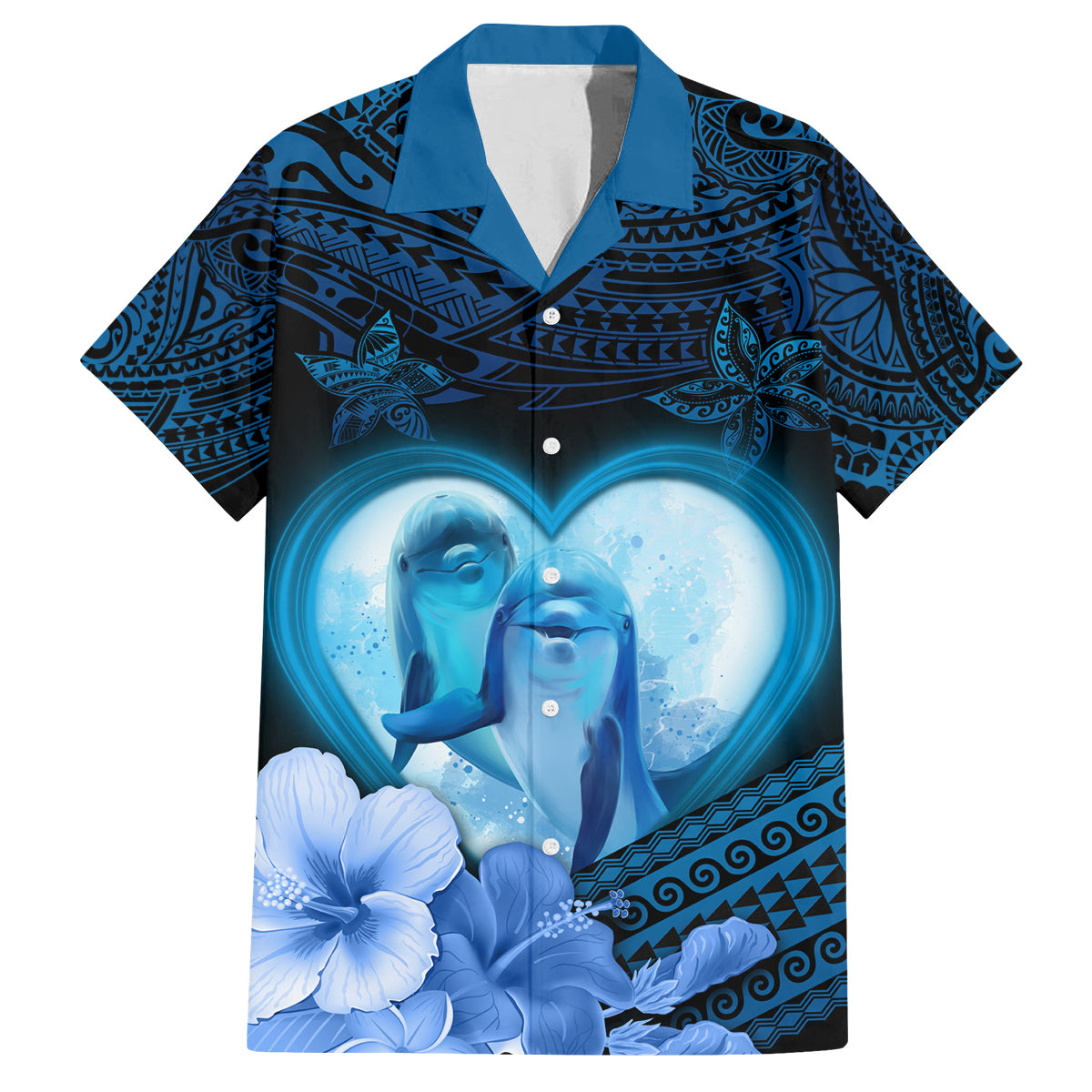 Dolphin Couple Love Story Valentine Day Family Matching Off Shoulder Long Sleeve Dress and Hawaiian Shirt With Polynesian Tribal Tattoo Blue Style LT03 Dad's Shirt - Short Sleeve Blue - Polynesian Pride